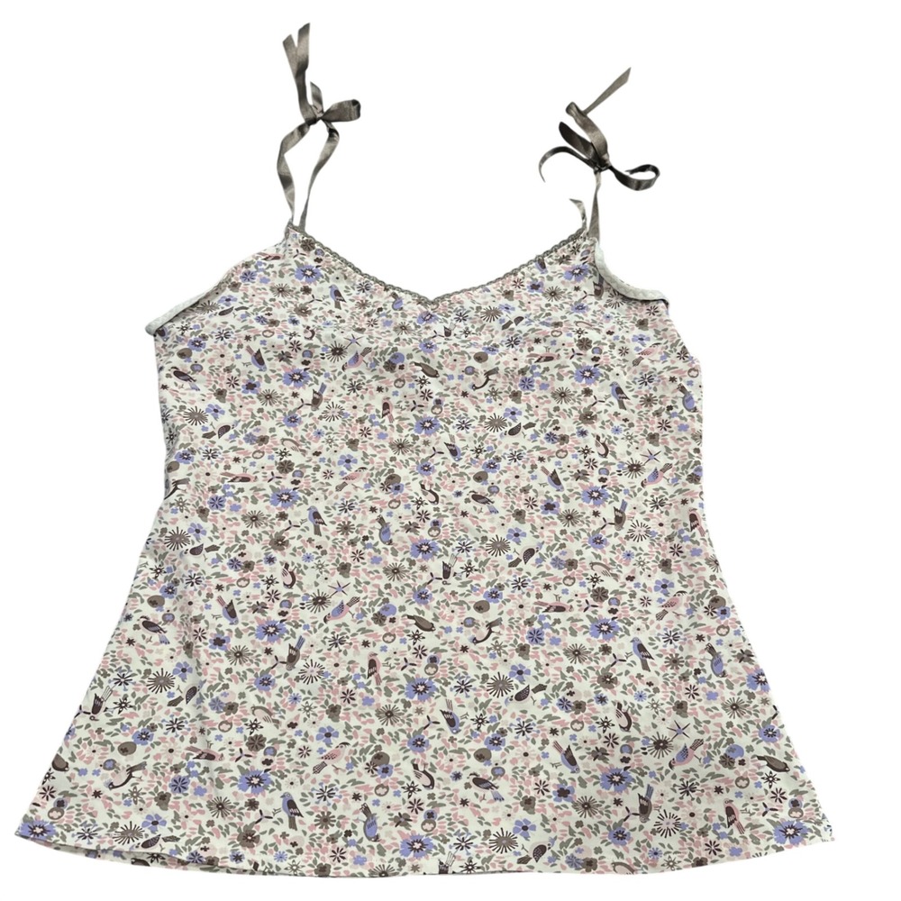 Tezenis Women Bird Floral Print Camisole Ribbon Tie Strap Lace Trim Top Medium